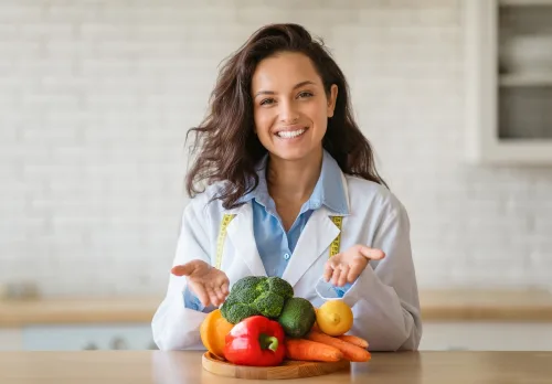 A healthy lady with healthy food ready to learn more about the nutrition course.