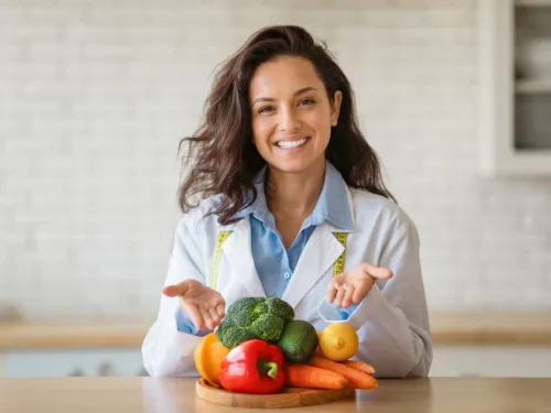 A healthy lady with healthy food ready to learn more about the nutrition course.
