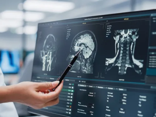 Neurologist looking at brain scans.