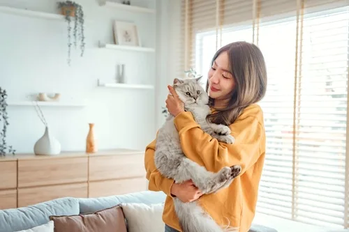woman caring for cat.